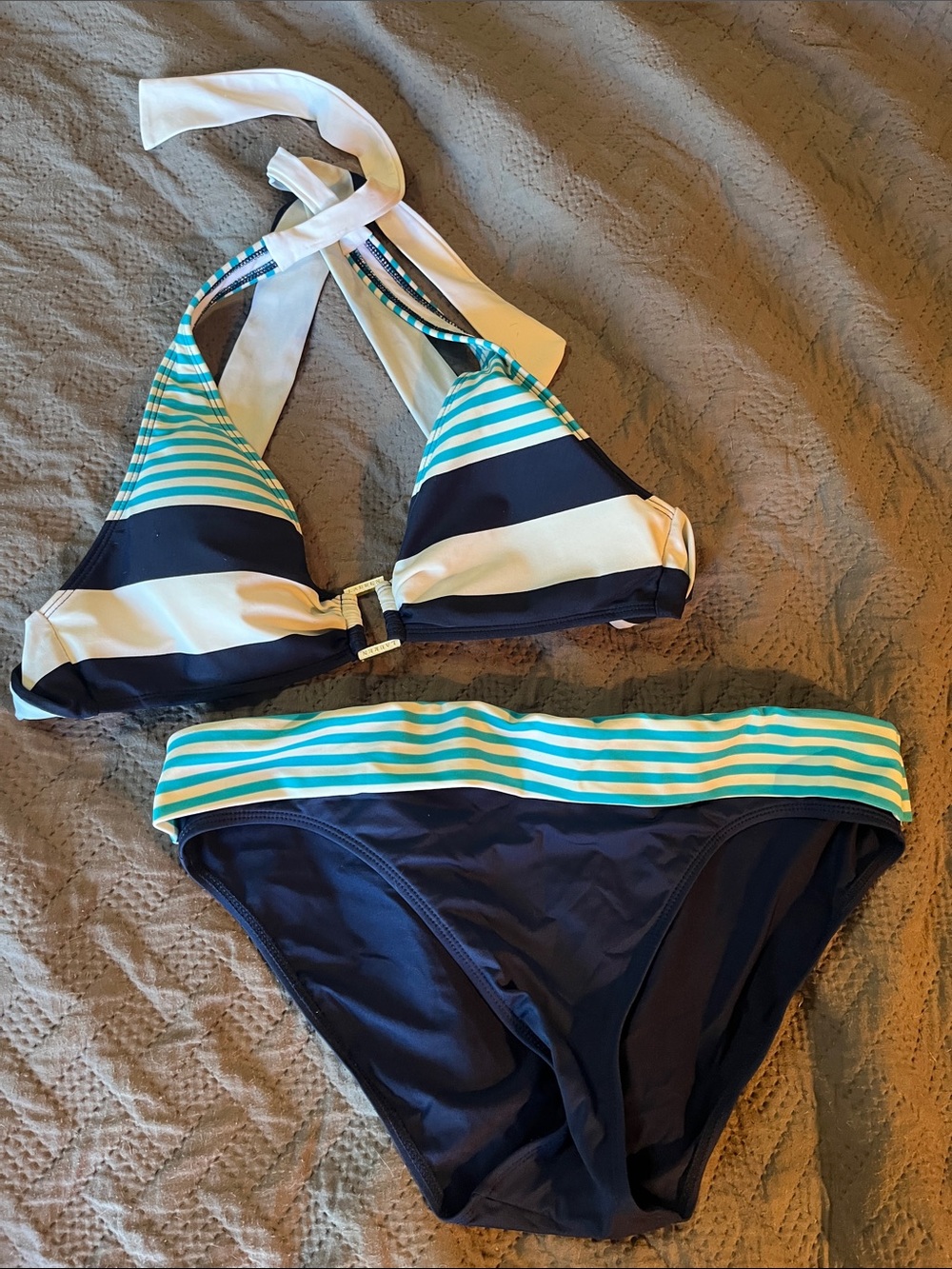 Lauren Ralph Lauren Navy, Aqua & White Striped Halter Bikini